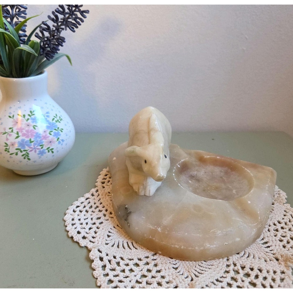 Vintage Alabaster Bunny Ashtray Rabbit Trinket Dish Carved Stone Catchall